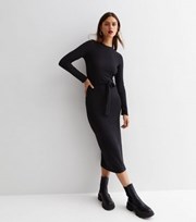 New Look Black Ribbed Jersey Belted Bodycon Midi Dress